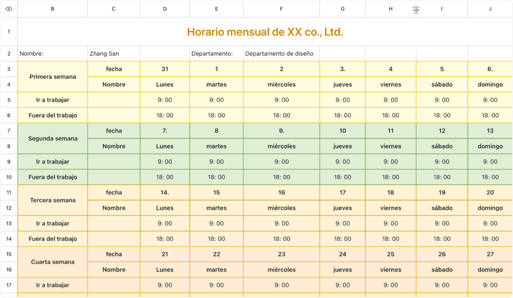 Horario mensual de la empresa